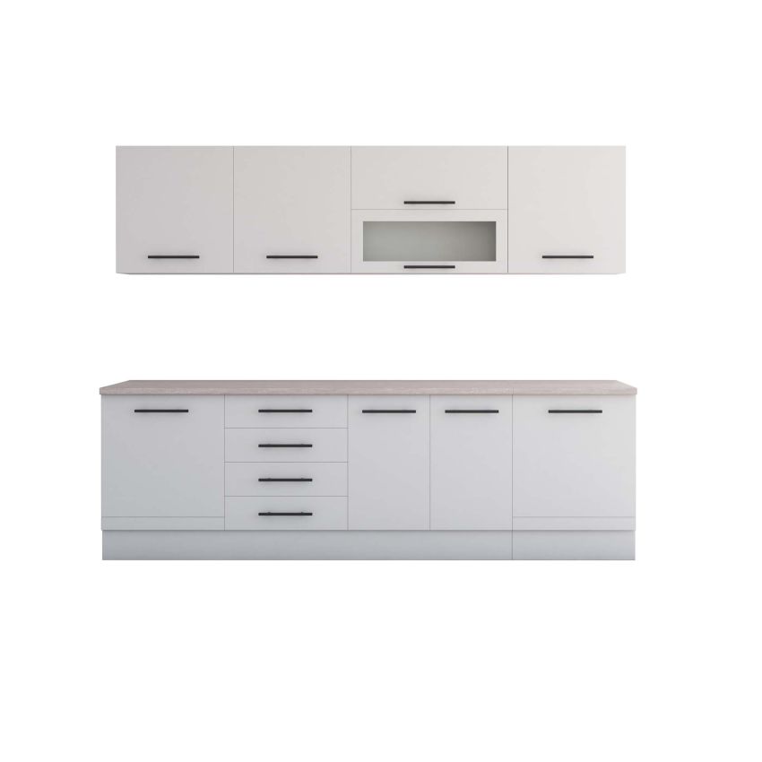 Bucatarie Alfa 260, Cu vitrina, Alb, Blat termic travertin