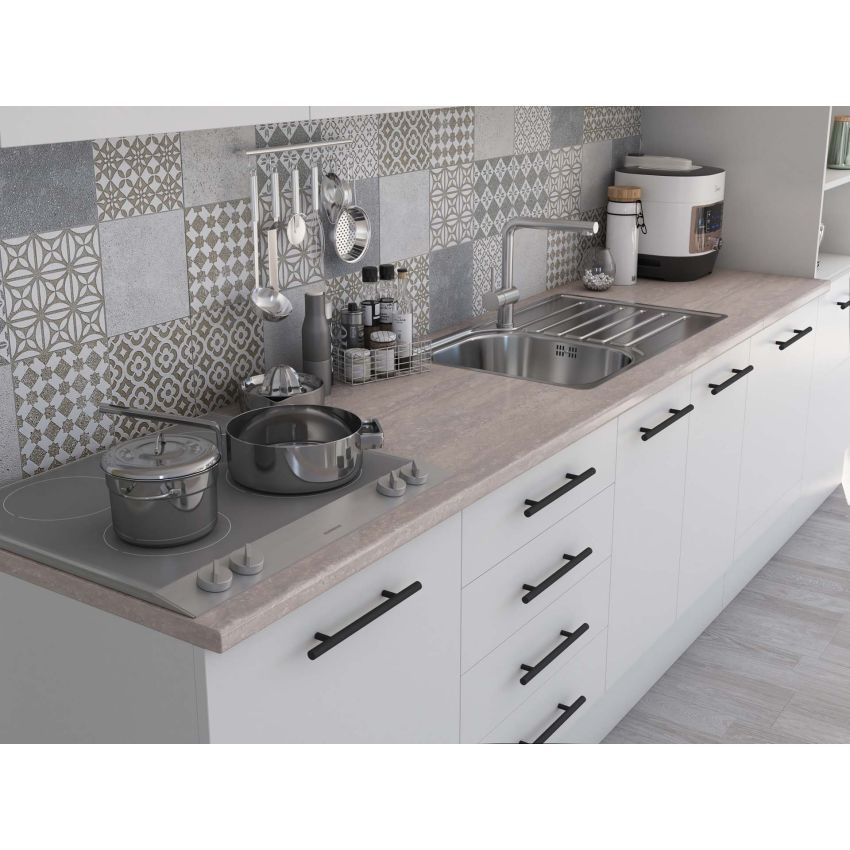 Bucatarie Alfa 320, alb, blat termic travertin, corp pentru cuptor incorporabil