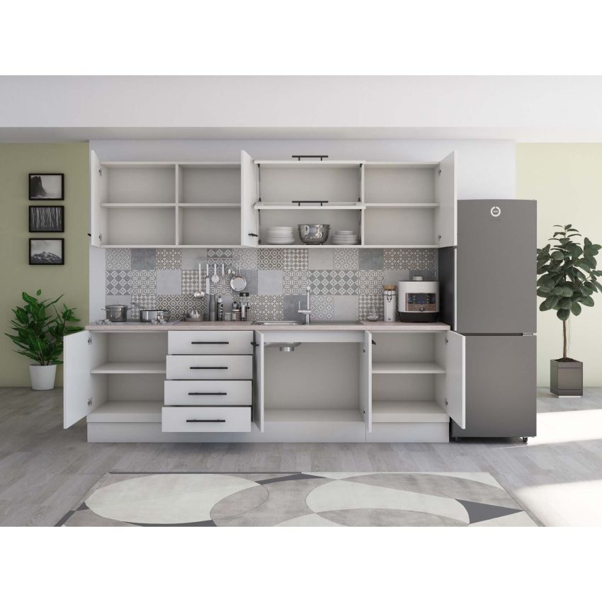Bucatarie Alfa 260, Cu vitrina, Alb, Blat termic travertin
