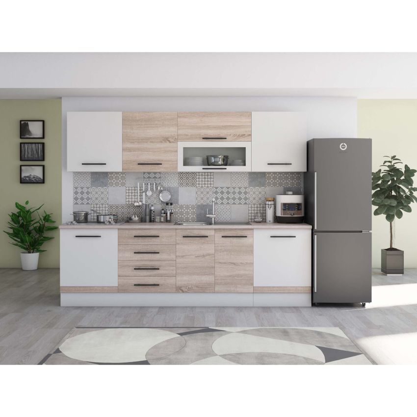 Bucatarie Alfa 260, Cu vitrina, Alb, Blat termic travertin