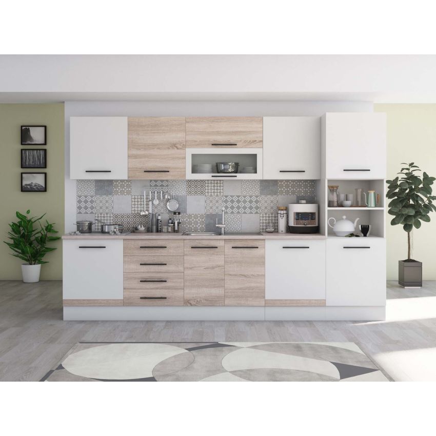 Bucatarie Alfa 320, alb, blat termic travertin, corp pentru cuptor incorporabil