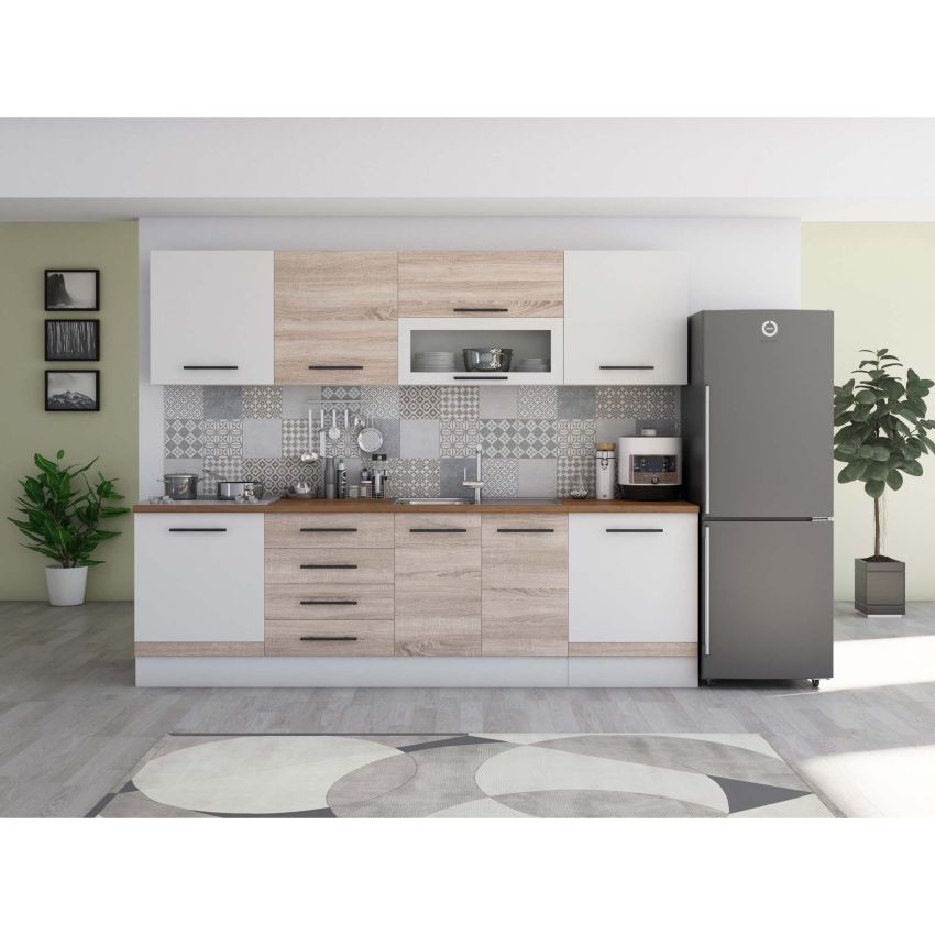 Bucatarie Alfa 260, Cu vitrina, Alb, Blat termic nuc