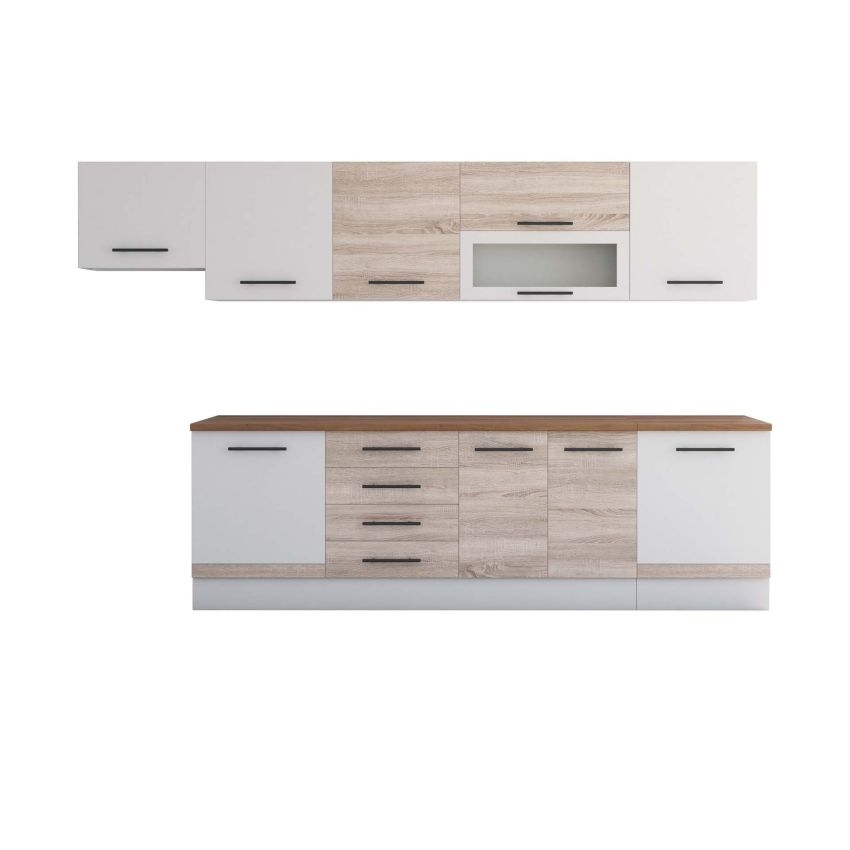 Bucatarie Alfa 320, sonoma/alb, blat termic nuc, corp hota