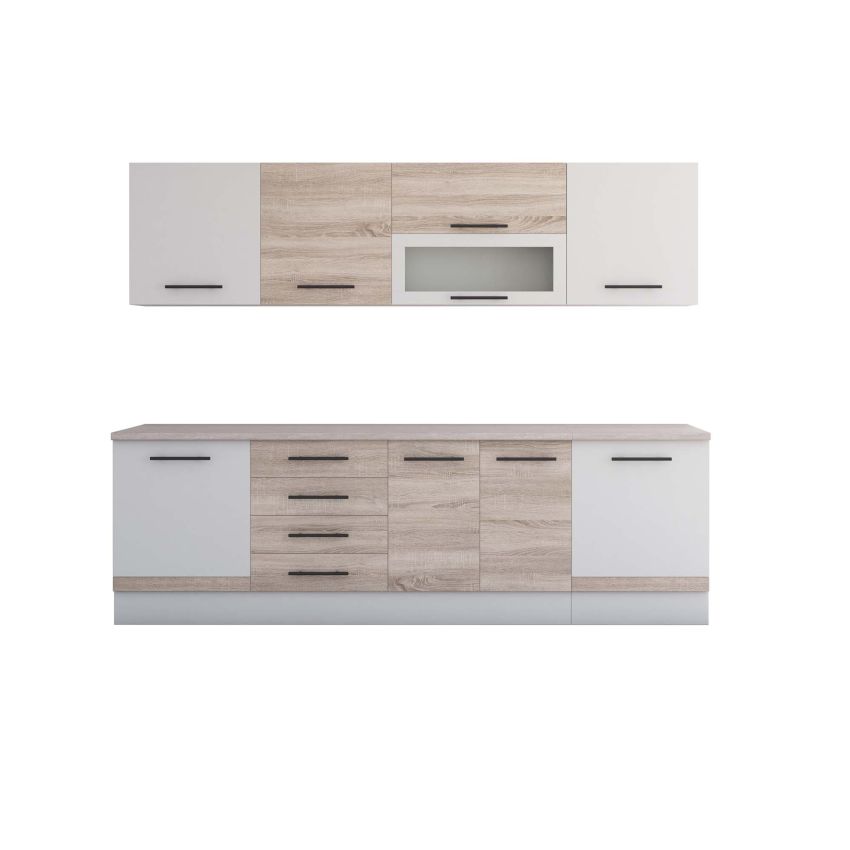 Bucatarie Alfa 260, Cu vitrina, Sonoma/Alb, Blat termic travertin