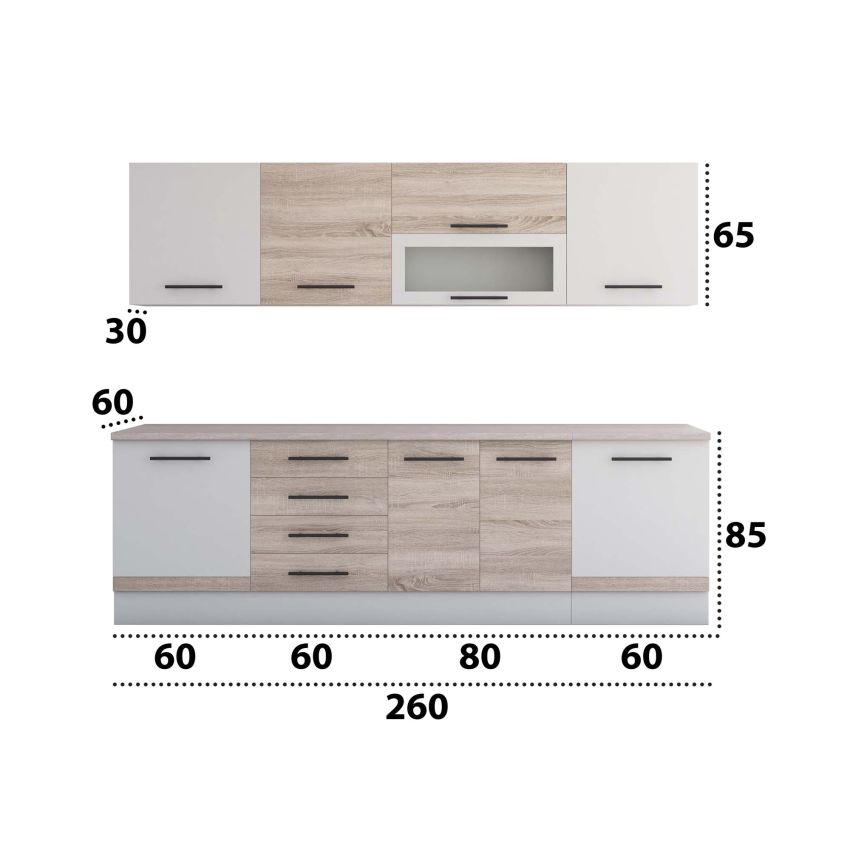 Bucatarie Alfa 260, Cu vitrina, Sonoma/Alb, Blat termic travertin