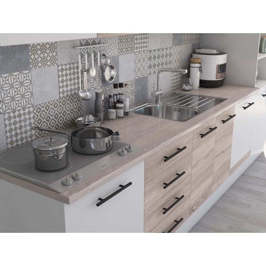 Bucatarie Alfa 320, sonoma/alb, blat termic travertin, corp pentru cuptor incorporabil