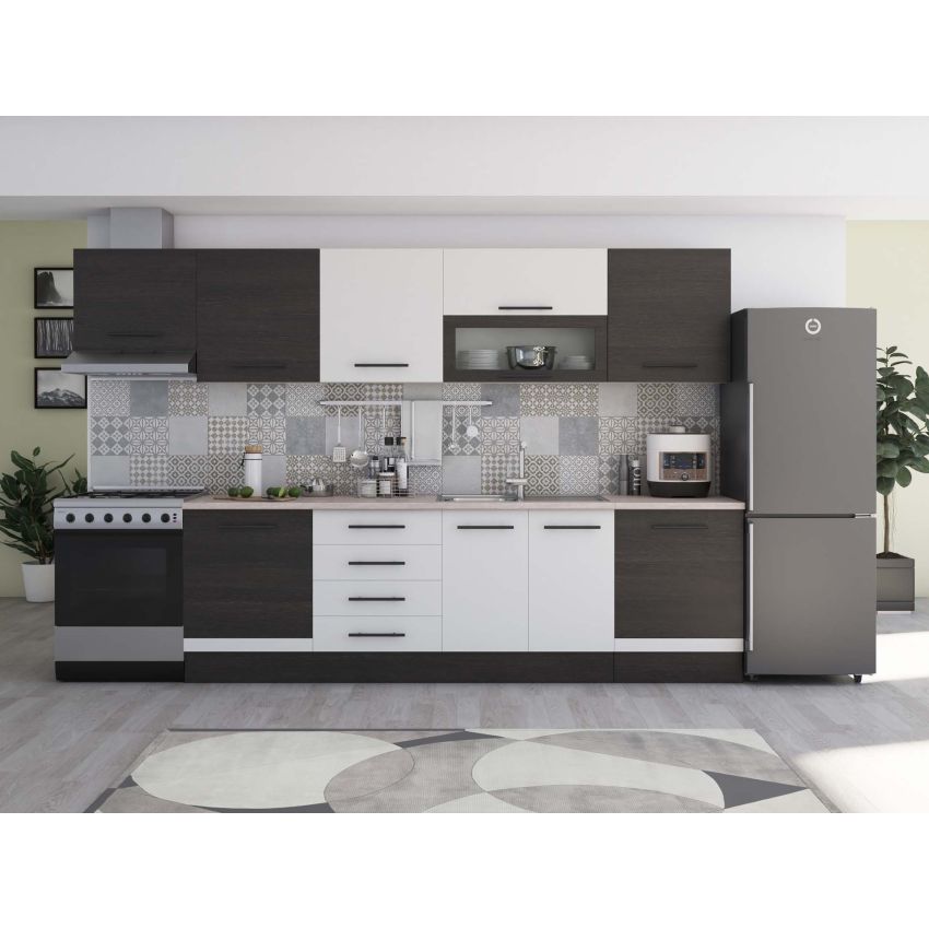 Bucatarie Alfa 320, alb, blat termic travertin, corp hota