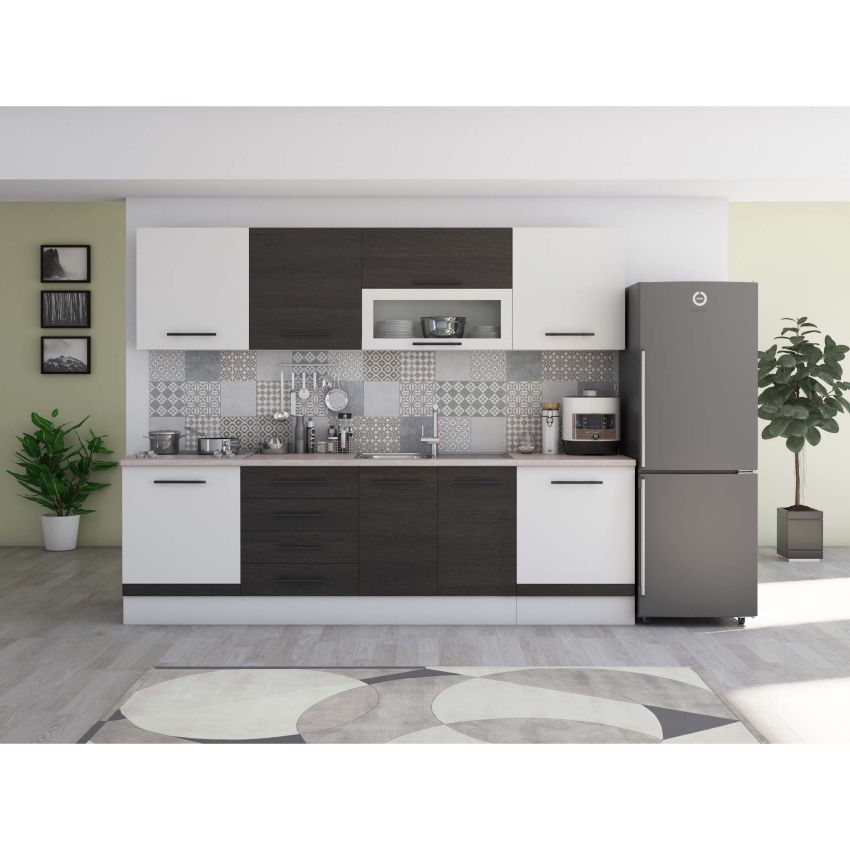 Bucatarie Alfa 260, Cu vitrina, Alb, Blat termic travertin