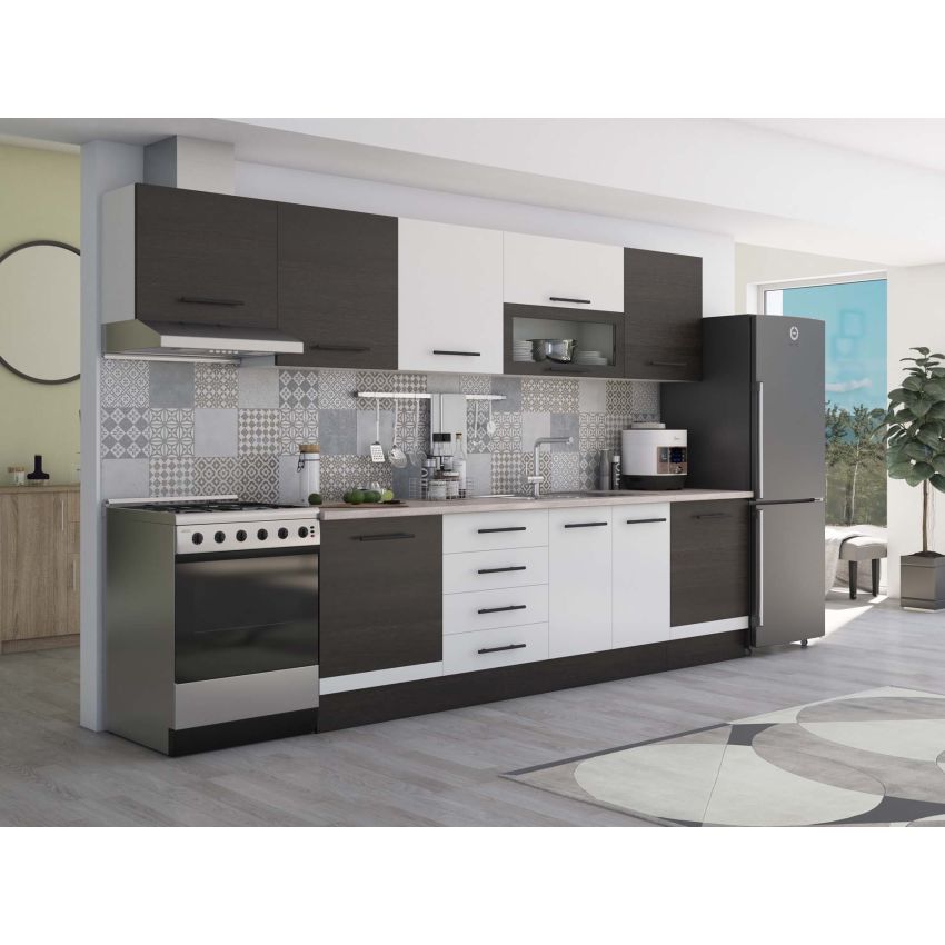 Bucatarie Alfa 320, alb/wenge, blat termic travertin, corp hota