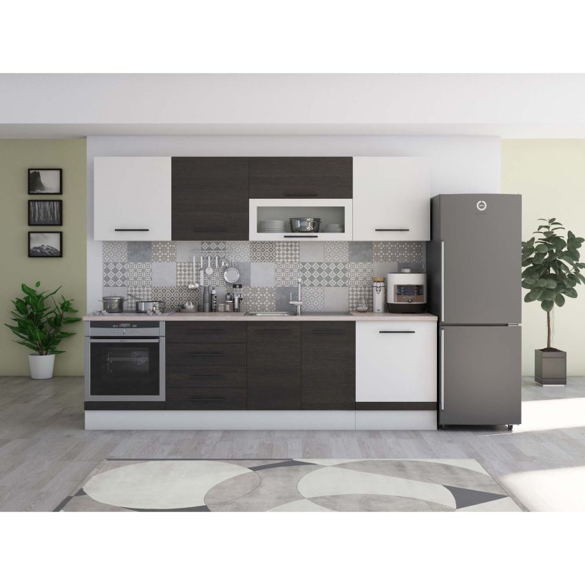 Bucatarie Alfa 260, Cu vitrina, Wenge/Alb, Blat termic travertin