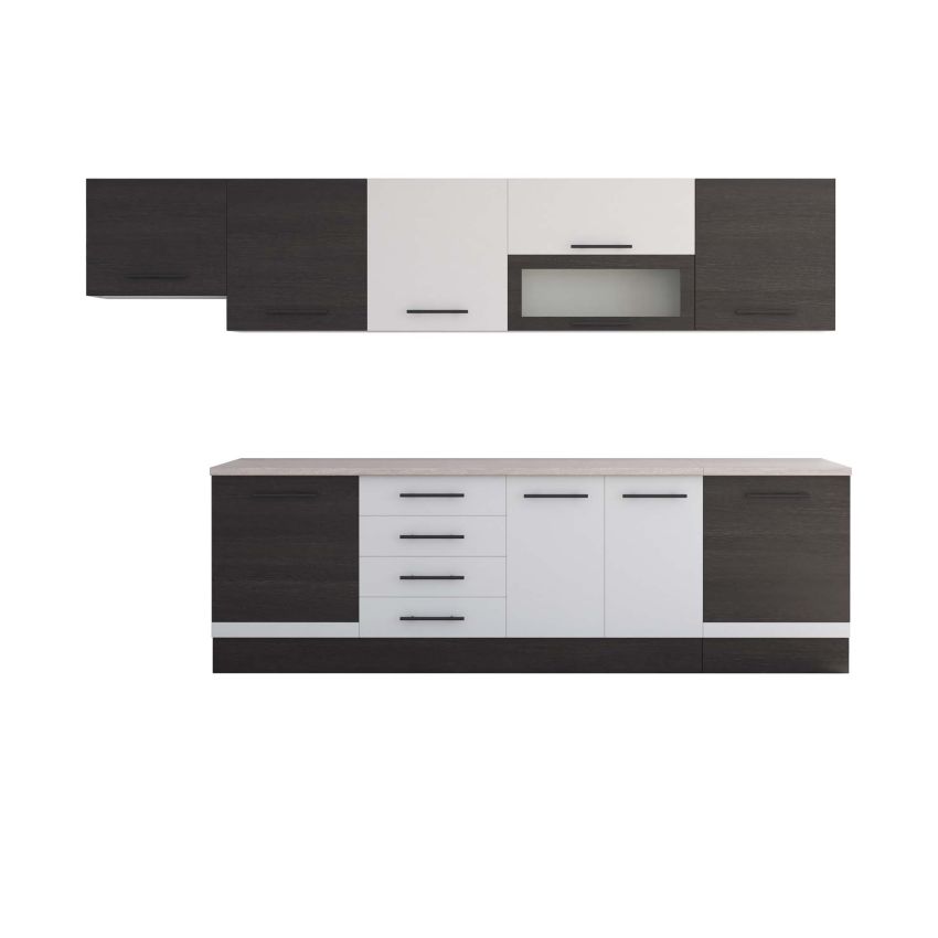 Bucatarie Alfa 320, alb/wenge, blat termic travertin, corp hota