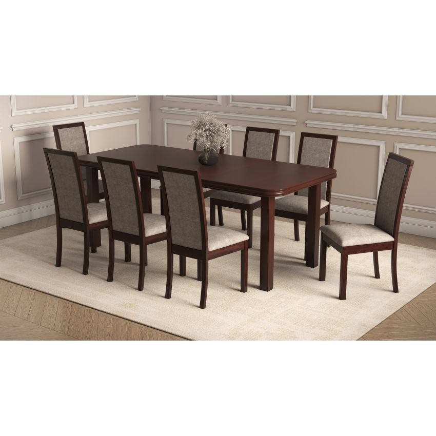 Set masa extensibila 160/240x90 cm MB-13 Venus5l cu 10 scaune tapitate Roma4 O 25b, nuc, lemn masiv de fag, MDF, stofa