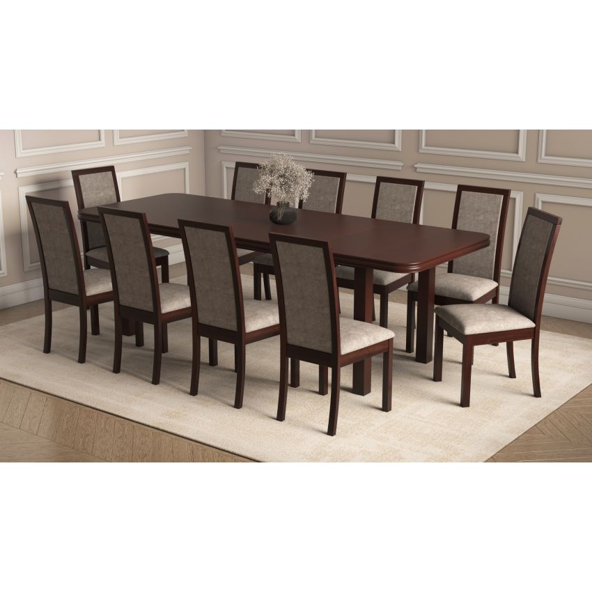 Set masa extensibila 160/240x90 cm MB-13 Venus5l cu 10 scaune tapitate Roma4 O 25b, nuc, lemn masiv de fag, MDF, stofa