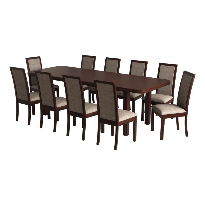 Set masa extensibila 160/240x90 cm MB-13 Venus5l cu 10 scaune tapitate Roma4 O 25b, nuc, lemn masiv de fag, MDF, stofa