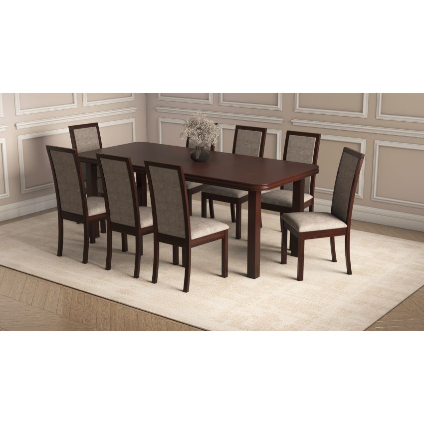 Set masa extensibila 160/240x90 cm MB-13 Venus8 cu 12 scaune tapitate Roma4 O 25b, nuc, lemn masiv de fag, MDF, stofa