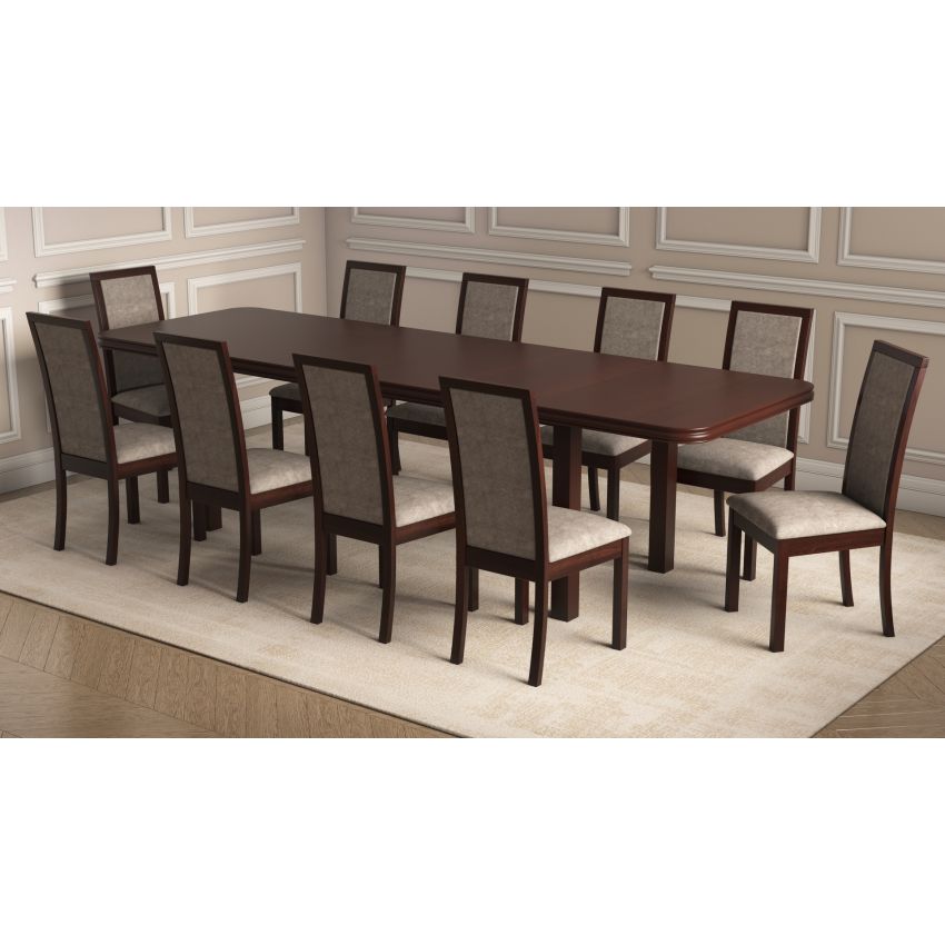 Set masa extensibila 160/240x90 cm MB-13 Venus8 cu 10 scaune tapitate Roma4 O 25b, nuc, lemn masiv de fag, MDF, stofa