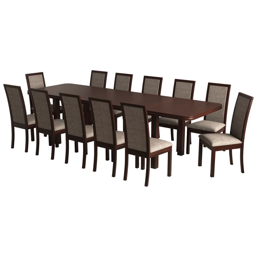 Set masa extensibila 160/240x90 cm MB-13 Venus8 cu 12 scaune tapitate Roma4 O 25b, nuc, lemn masiv de fag, MDF, stofa