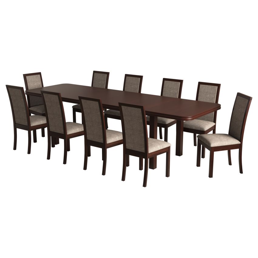 Set masa extensibila 160/240x90 cm MB-13 Venus8 cu 10 scaune tapitate Roma4 O 25b, nuc, lemn masiv de fag, MDF, stofa