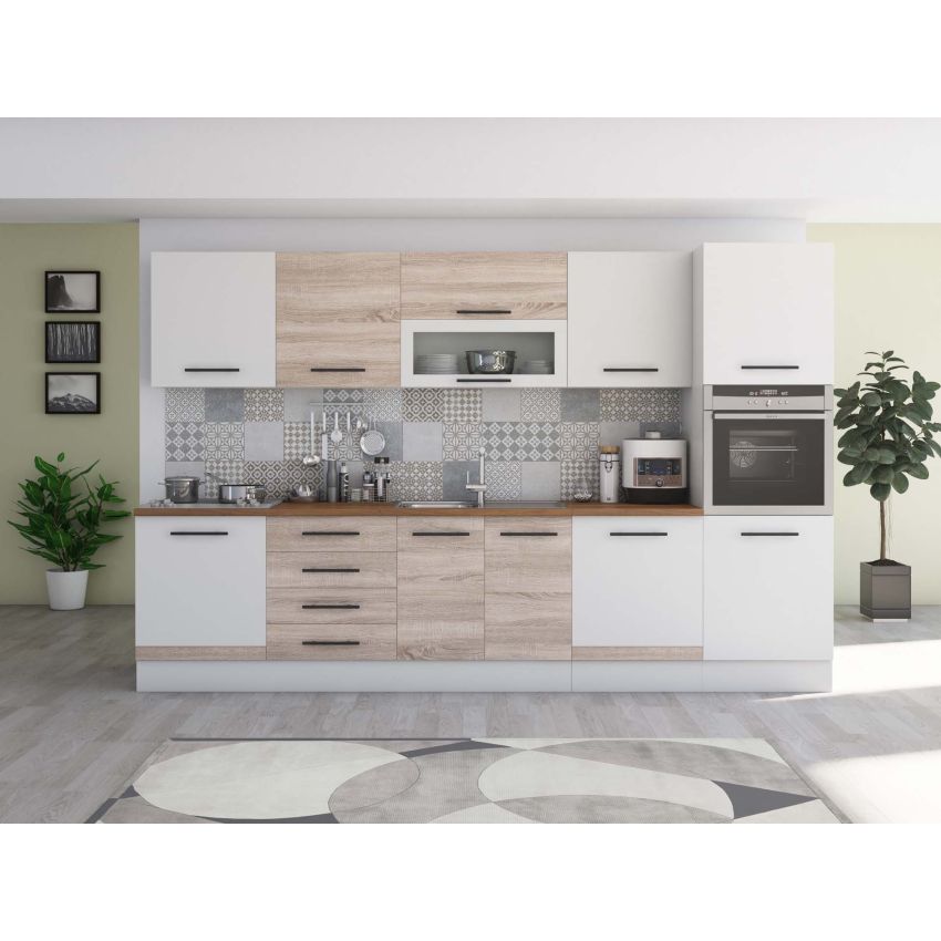 Bucatarie Alfa 320, sonoma/alb, blat termic nuc, corp pentru cuptor incorporabil