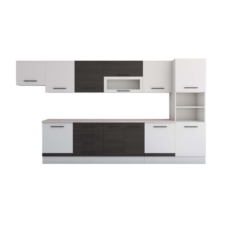 Bucatarie Alfa 380, wenge/alb, blat termic travertin, corp hota, soldat