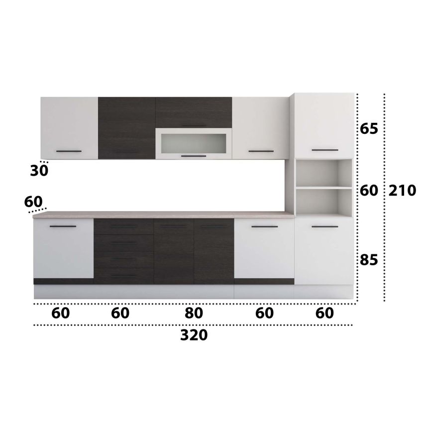 Bucatarie Alfa 320, wenge/alb, blat termic travertin, corp pentru cuptor incorporabil