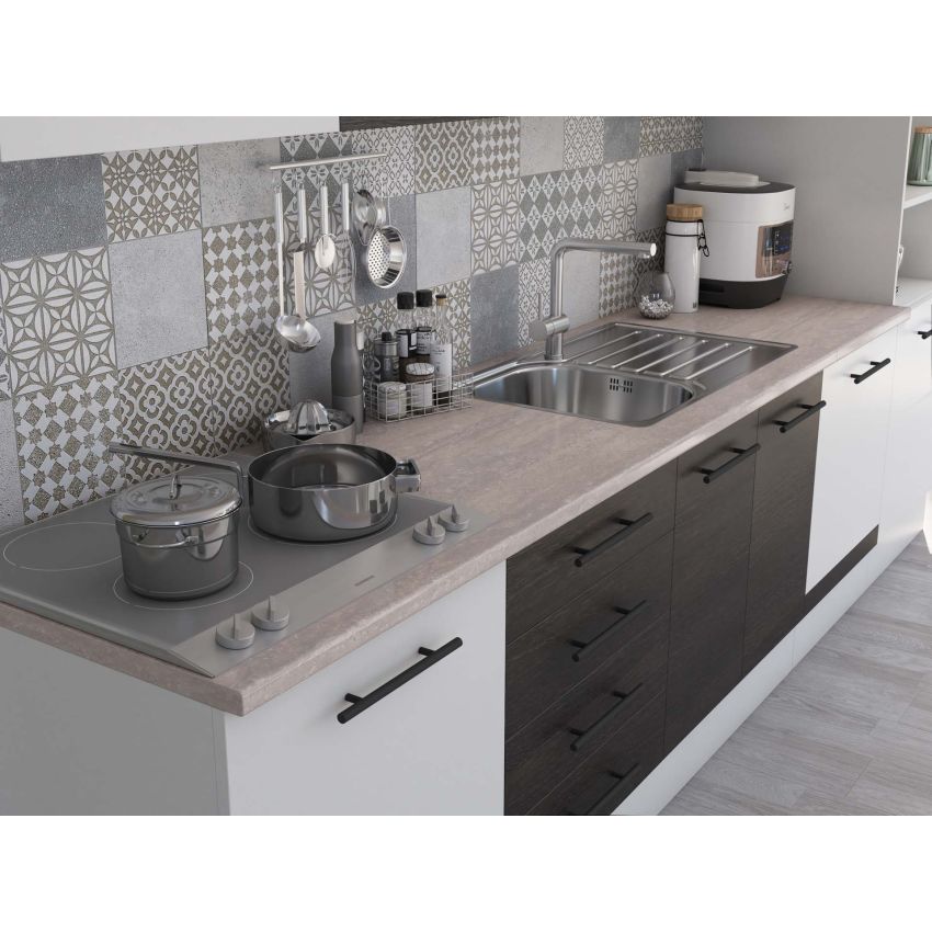 Bucatarie Alfa 320, wenge/alb, blat termic travertin, corp pentru cuptor incorporabil
