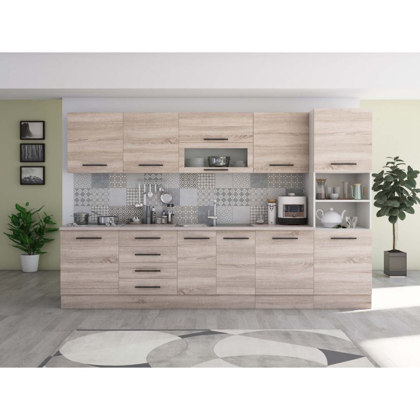 Bucatarie Alfa 320, alb, blat termic travertin, corp pentru cuptor incorporabil
