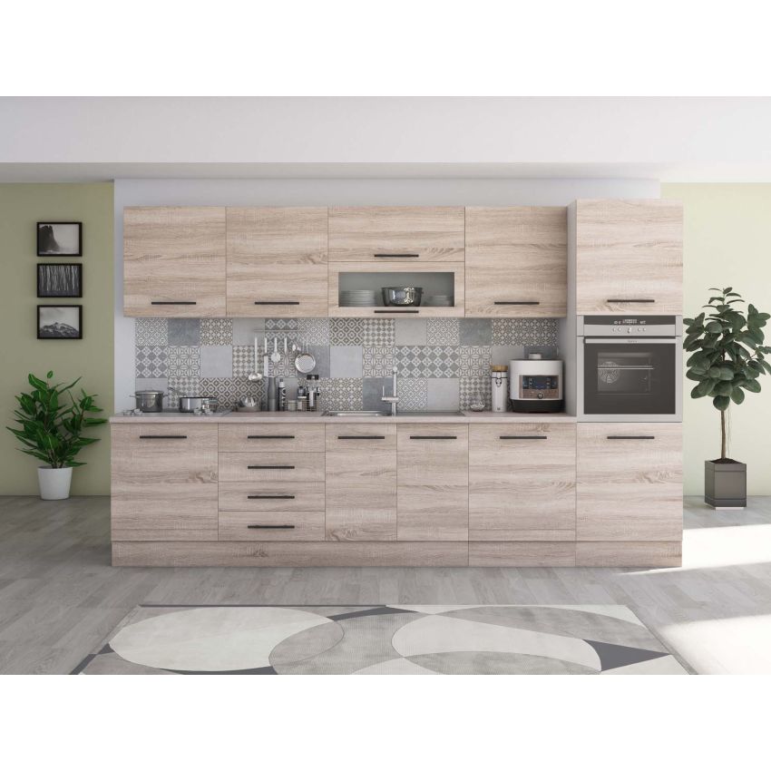 Bucatarie Alfa 320, sonoma, blat termic travertin, corp pentru cuptor incorporabil