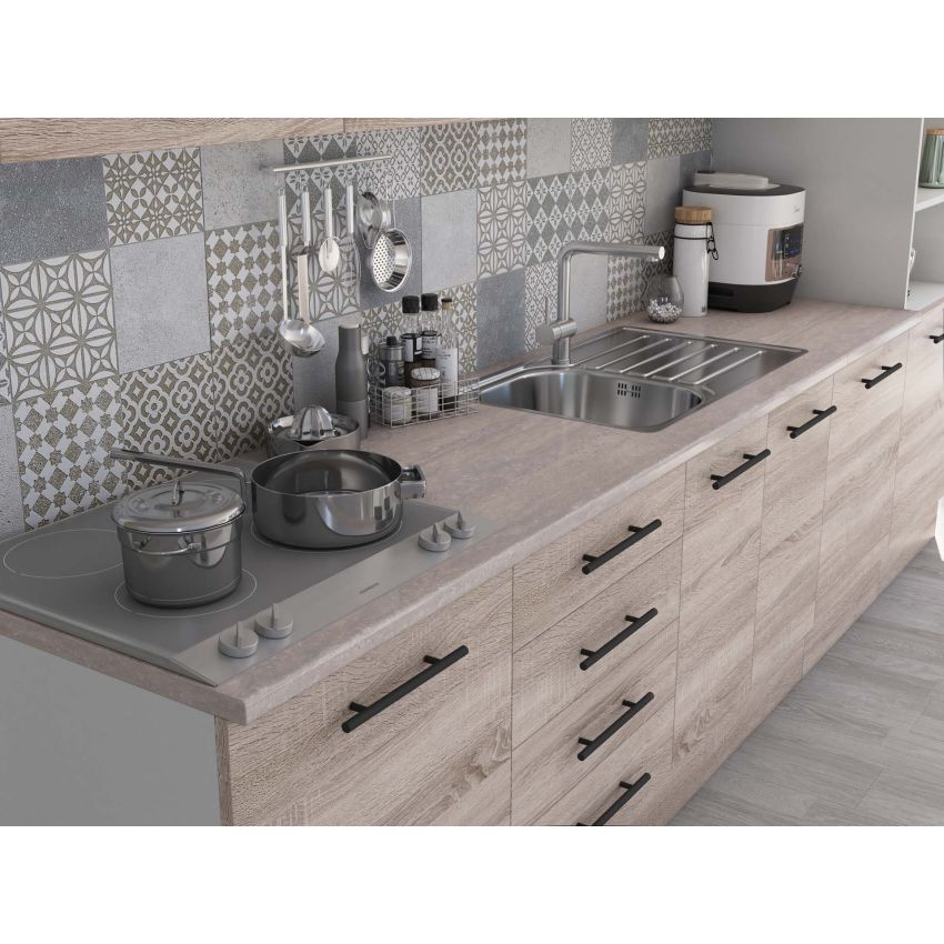 Bucatarie Alfa 320, sonoma, blat termic travertin, corp pentru cuptor incorporabil