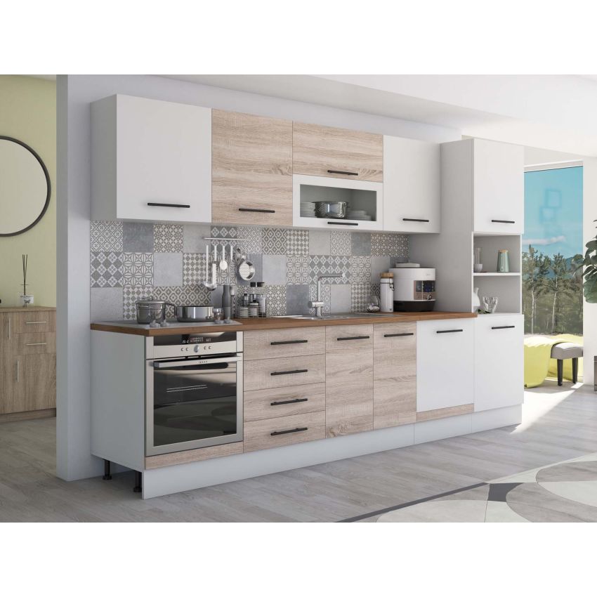 Bucatarie Alfa 320, sonoma/alb, blat termic nuc, corp pentru cuptor incorporabil