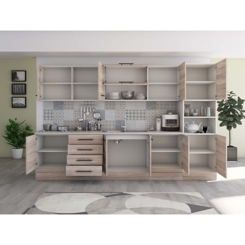 Bucatarie Alfa 320, sonoma, blat termic travertin, corp pentru cuptor incorporabil
