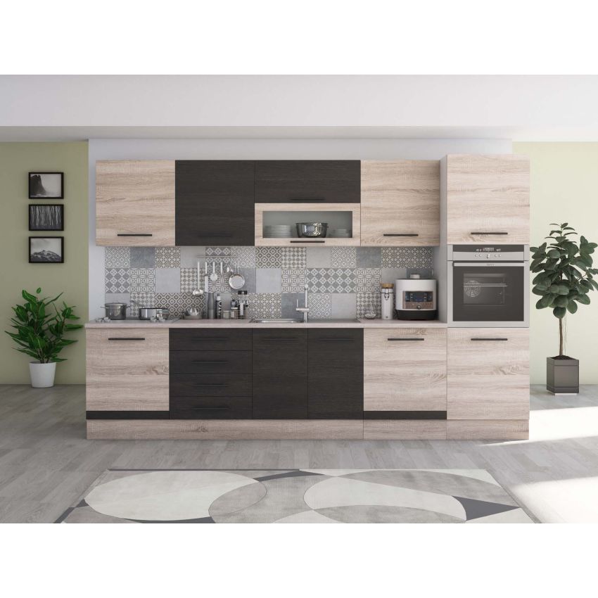 Bucatarie Alfa 320, wenge/sonoma, blat termic travertin, corp pentru cuptor incorporabil