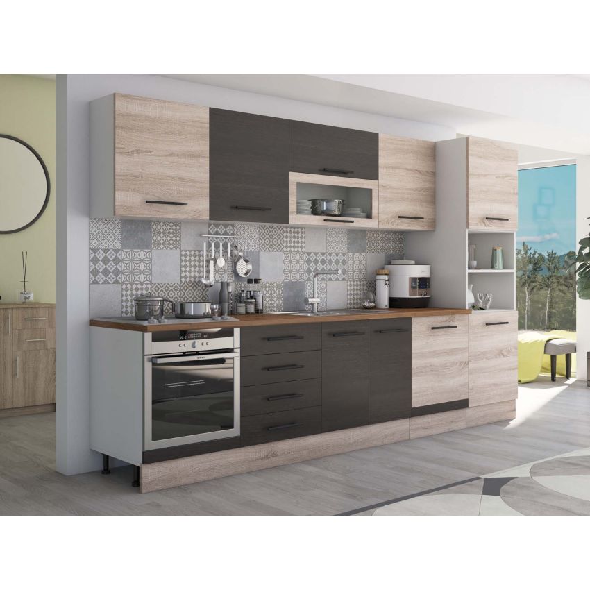Bucatarie Alfa 320, wenge/sonoma, blat termic travertin, corp pentru cuptor incorporabil