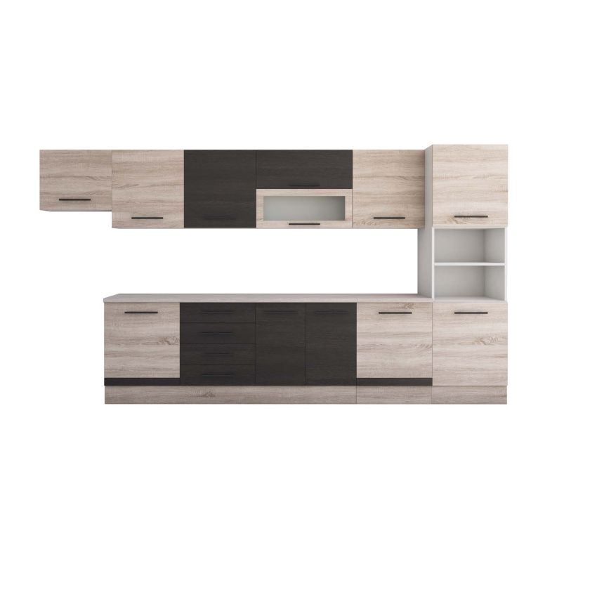 Bucatarie Alfa 380, wenge/sonoma, blat termic travertin, corp hota, soldat