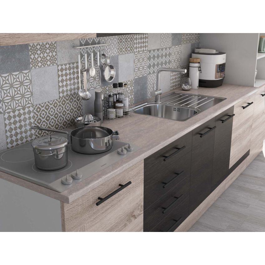 Bucatarie Alfa 320, wenge/sonoma, blat termic travertin, corp pentru cuptor incorporabil