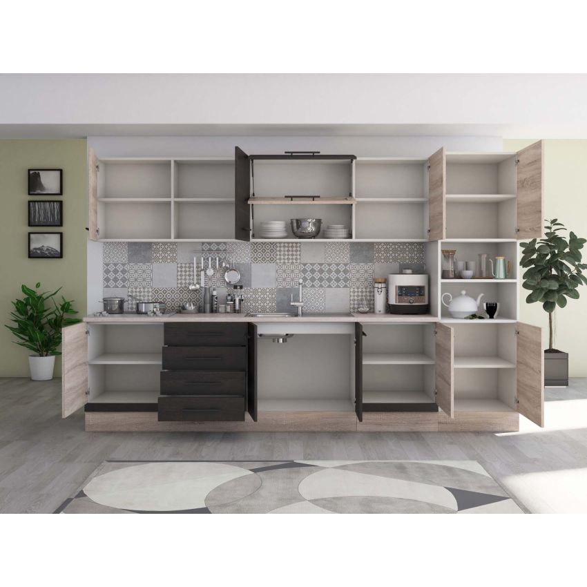 Bucatarie Alfa 320, wenge/sonoma, blat termic travertin, corp pentru cuptor incorporabil