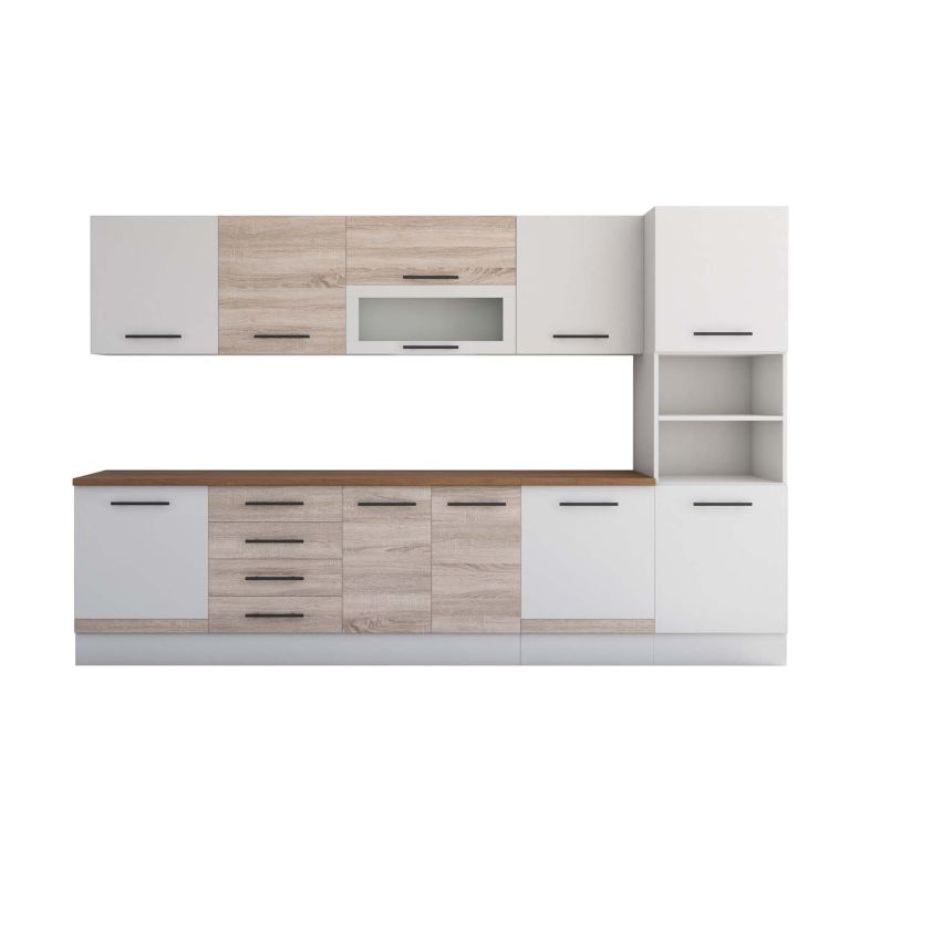 Bucatarie Alfa 320, sonoma/alb, blat termic nuc, corp pentru cuptor incorporabil