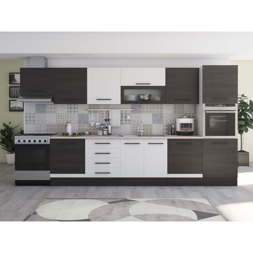 Bucatarie Alfa 380, alb/wenge, blat termic travertin, corp hota, soldat