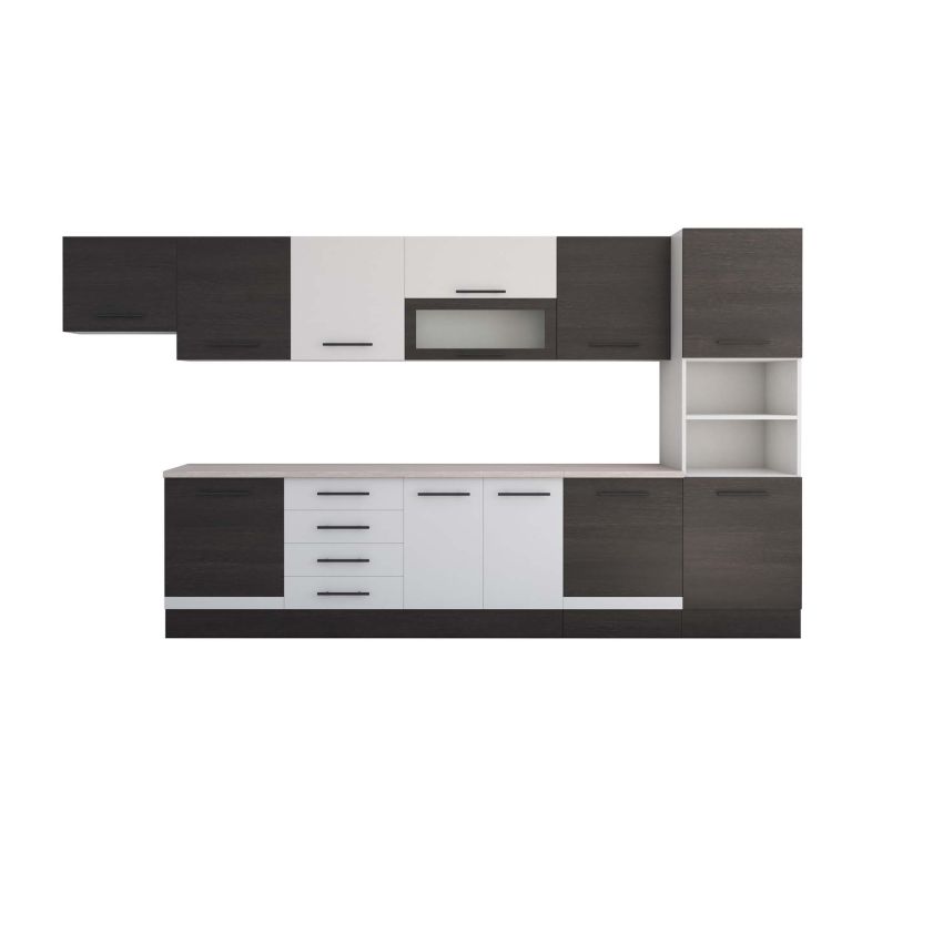 Bucatarie Alfa 380, alb/wenge, blat termic travertin, corp hota, soldat