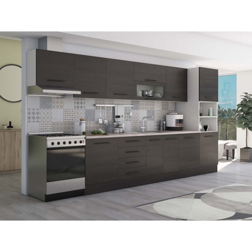 Bucatarie Alfa 380, wenge, blat termic travertin, corp hota, soldat