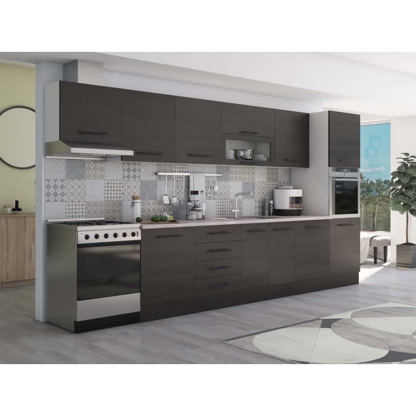 Bucatarie Alfa 380, wenge, blat termic travertin, corp hota, soldat