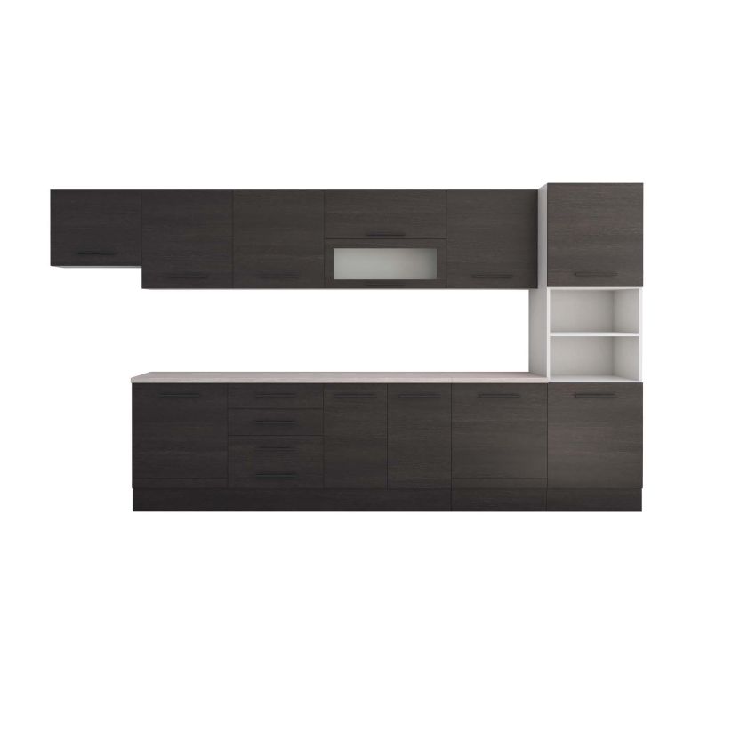 Bucatarie Alfa 380, wenge, blat termic travertin, corp hota, soldat