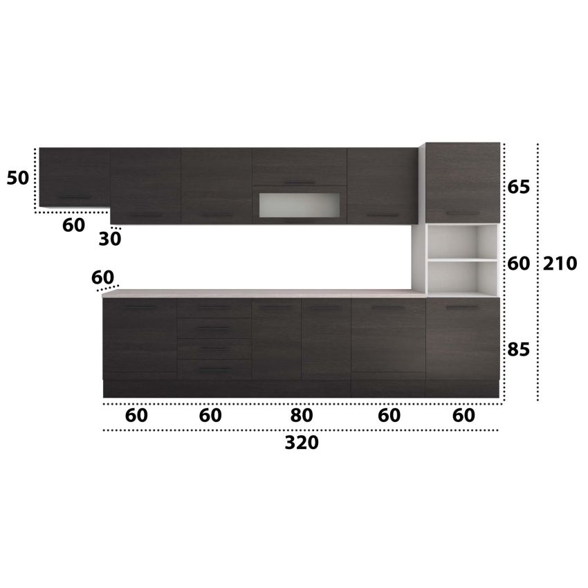 Bucatarie Alfa 380, wenge, blat termic travertin, corp hota, soldat