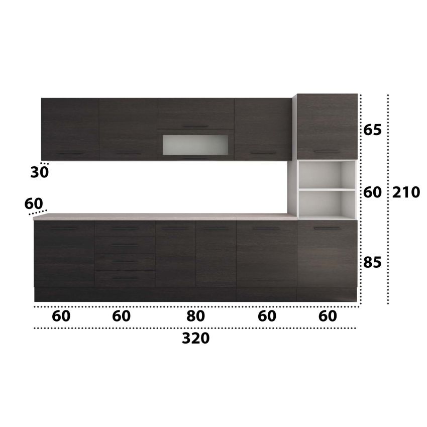 Bucatarie Alfa 320, wenge, blat termic travertin, corp pentru cuptor incorporabil