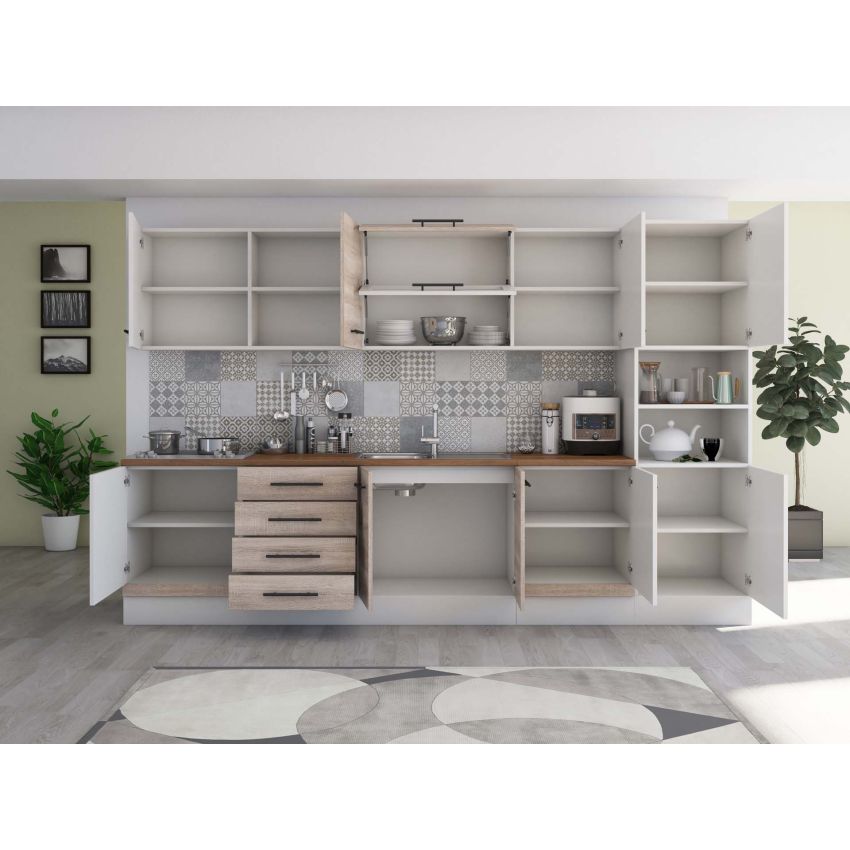 Bucatarie Alfa 320, sonoma/alb, blat termic nuc, corp pentru cuptor incorporabil