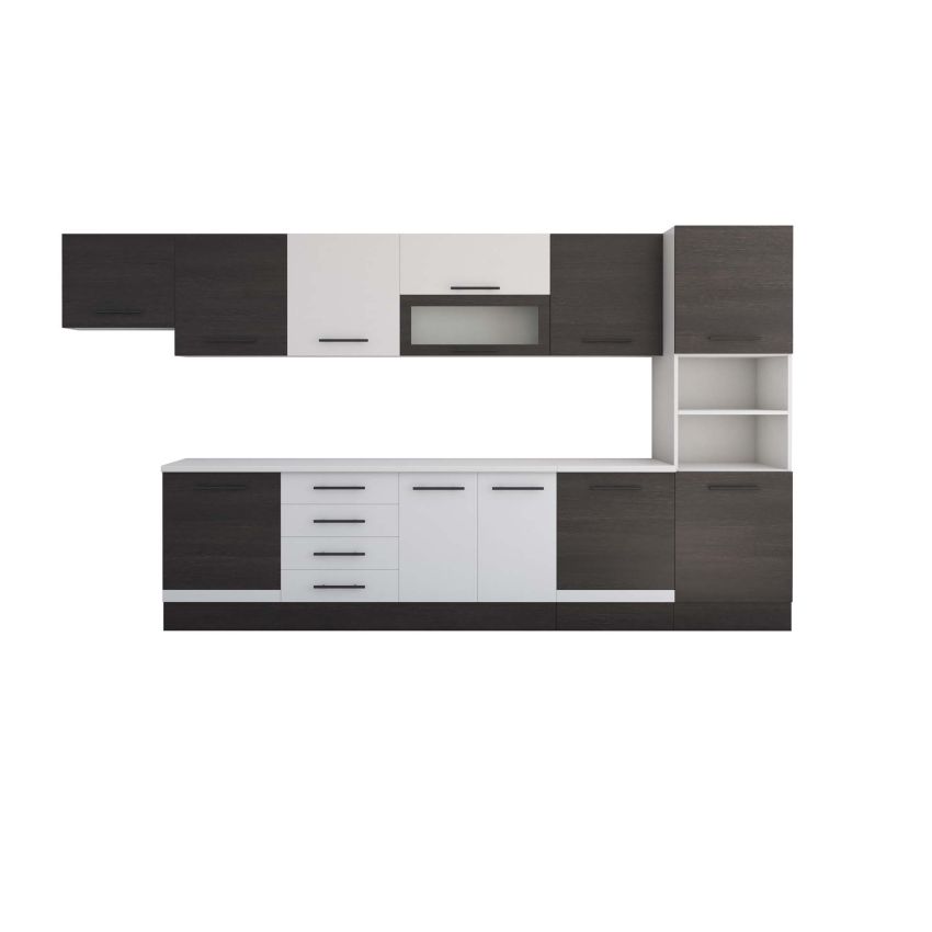 Bucatarie Alfa 380, alb/wenge, blat termic alb, corp hota, soldat