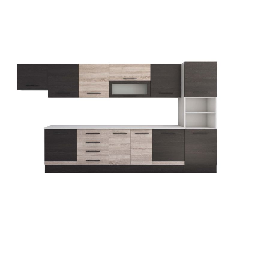 Bucatarie Alfa 380, sonoma/wenge, blat termic alb, corp hota, soldat