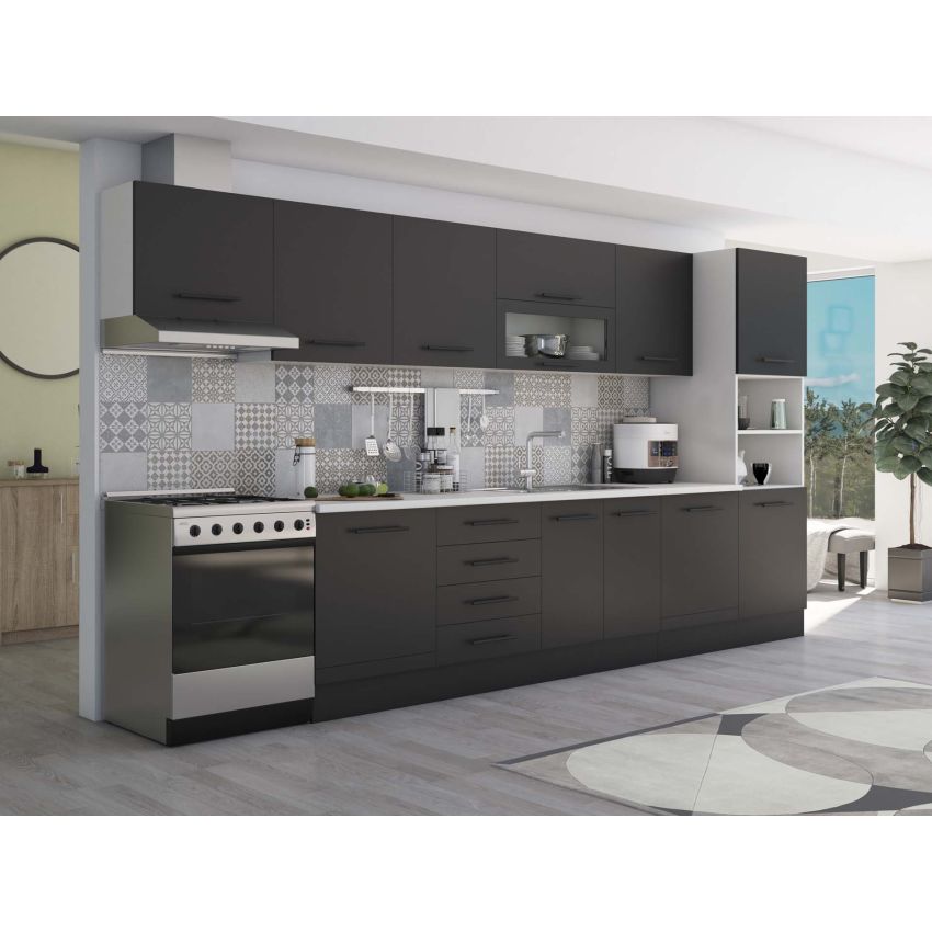 Bucatarie Alfa 380, wenge, blat termic alb, corp hota, soldat