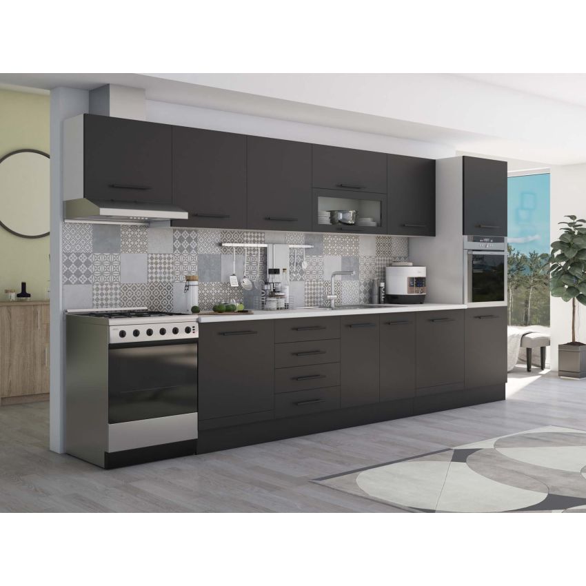 Bucatarie Alfa 380, wenge, blat termic alb, corp hota, soldat