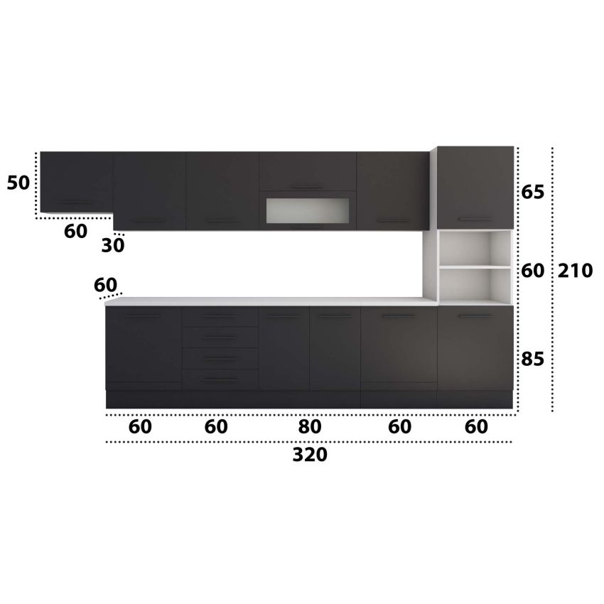 Bucatarie Alfa 380, wenge, blat termic alb, corp hota, soldat